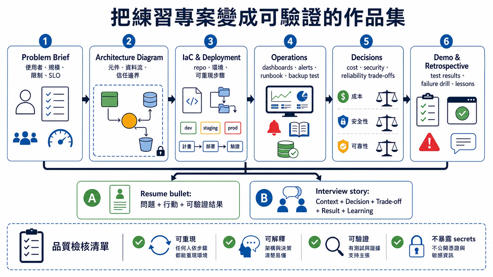 雲端作品集證據流程：從問題簡述、架構圖、IaC 部署、監控與 Runbook、成本安全可靠度決策，到展示與復盤，最後整理成履歷敘述與面試故事
