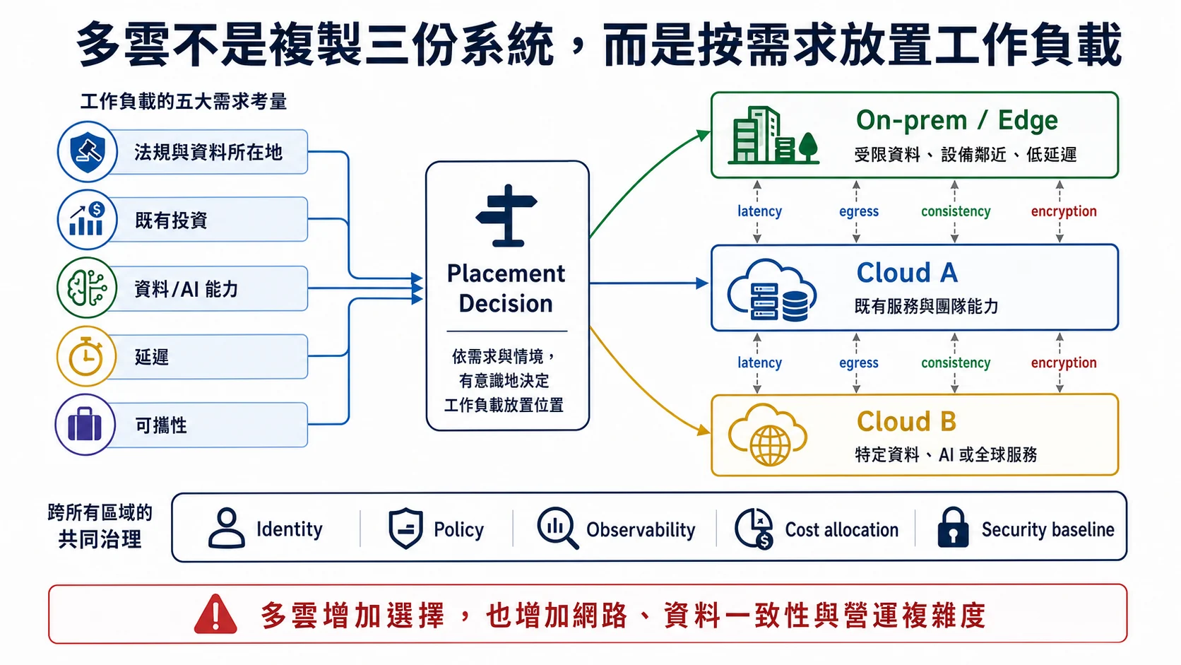 多雲工作負載放置決策：依法規資料所在地、既有投資、資料 AI 能力、延遲與可攜性，選擇地端 Edge 或不同雲端，並以共同身份政策可觀測性成本與安全基線治理