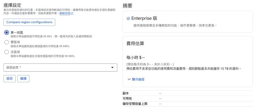 Cloud Spanner 建立執行個體的「選擇設定」步驟，三個單選項：單一地區（SLA 99.99%、單一區域內寫入延遲較短）、雙區域（SLA 99.999%）、多區域（SLA 99.999%、跨地理區域），右側顯示費用摘要面板