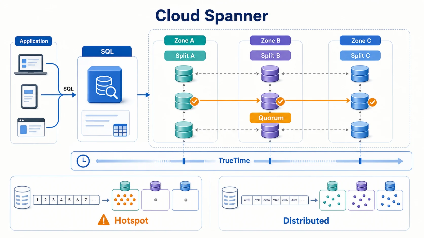 Cloud Spanner 分散式架構：應用經 SQL 層存取跨三個 Zone 的資料 Split 與同步複本，TrueTime 協助建立全域交易順序，寫入透過 Quorum 提交；下方比較遞增主鍵造成單一熱點與雜湊或 UUID 主鍵讓寫入平均分散