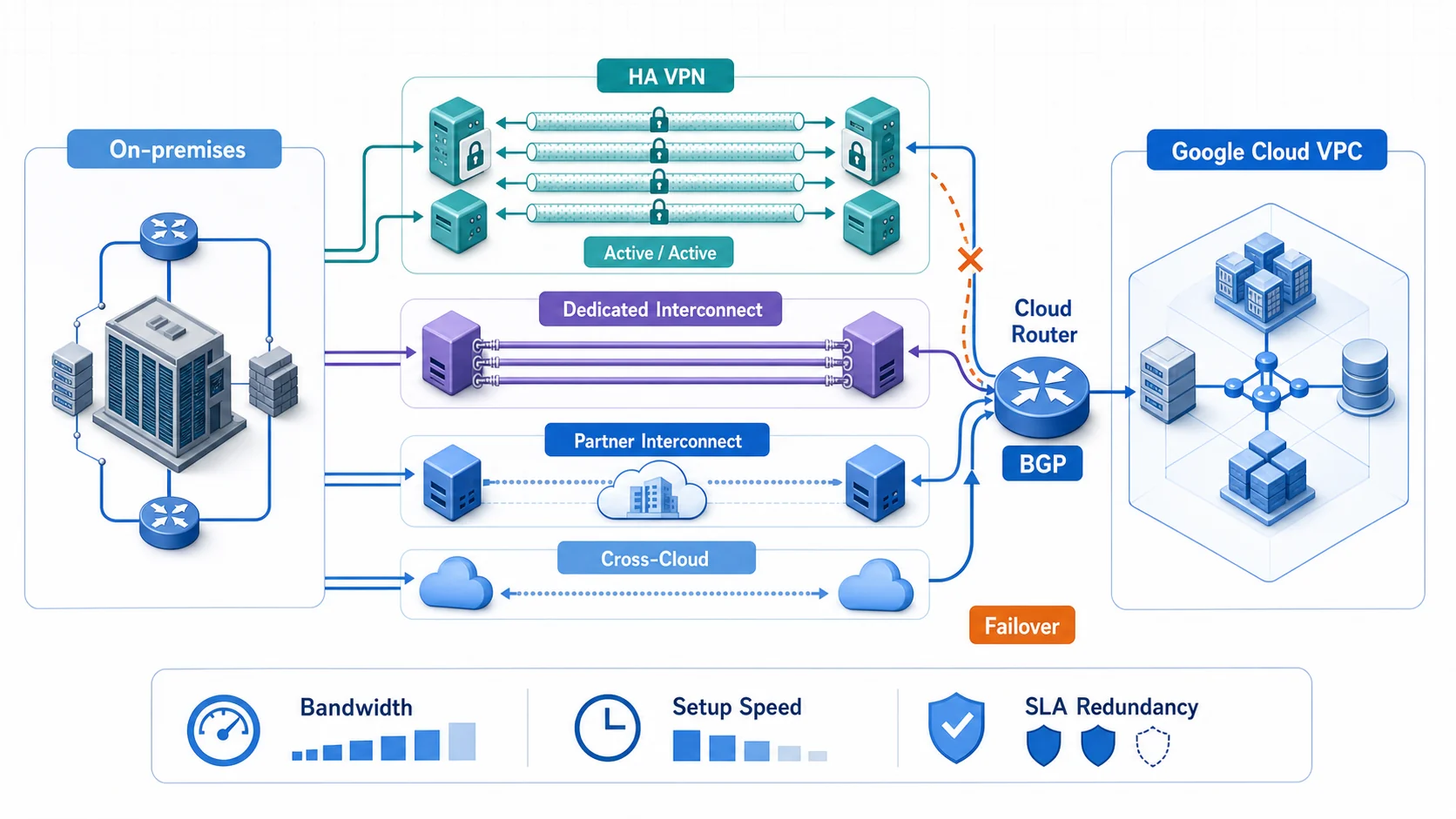 混合雲連線架構：地端機房可經四條 IPsec 隧道的 HA VPN、Dedicated Interconnect、Partner Interconnect 或 Cross-Cloud Interconnect 連到 Google Cloud VPC；Cloud Router 以 BGP 動態交換路由，連線失效時改走健康路徑