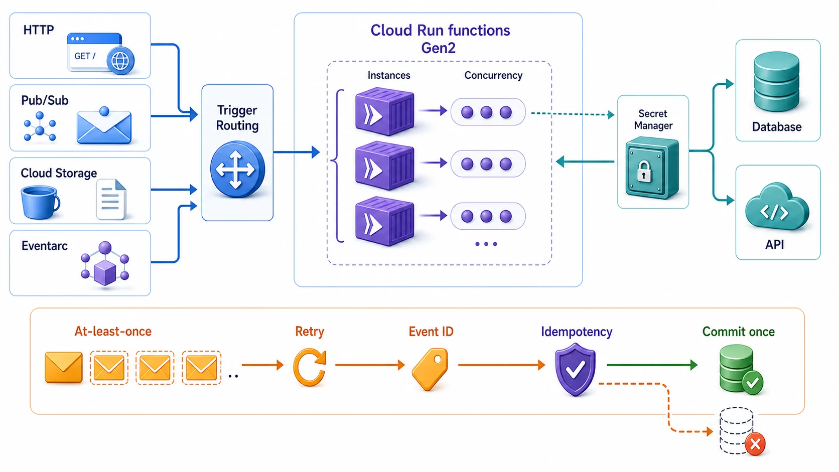 Cloud Run functions Gen2 事件架構:HTTP、Pub/Sub、Cloud Storage 與 Eventarc 事件經 Trigger Routing 呼叫可水平擴縮並處理並發的函式 Instance,函式從 Secret Manager 取得密鑰後存取 Database 或 API;下方顯示 at-least-once 重送須以 Event ID 做冪等檢查,確保副作用只提交一次