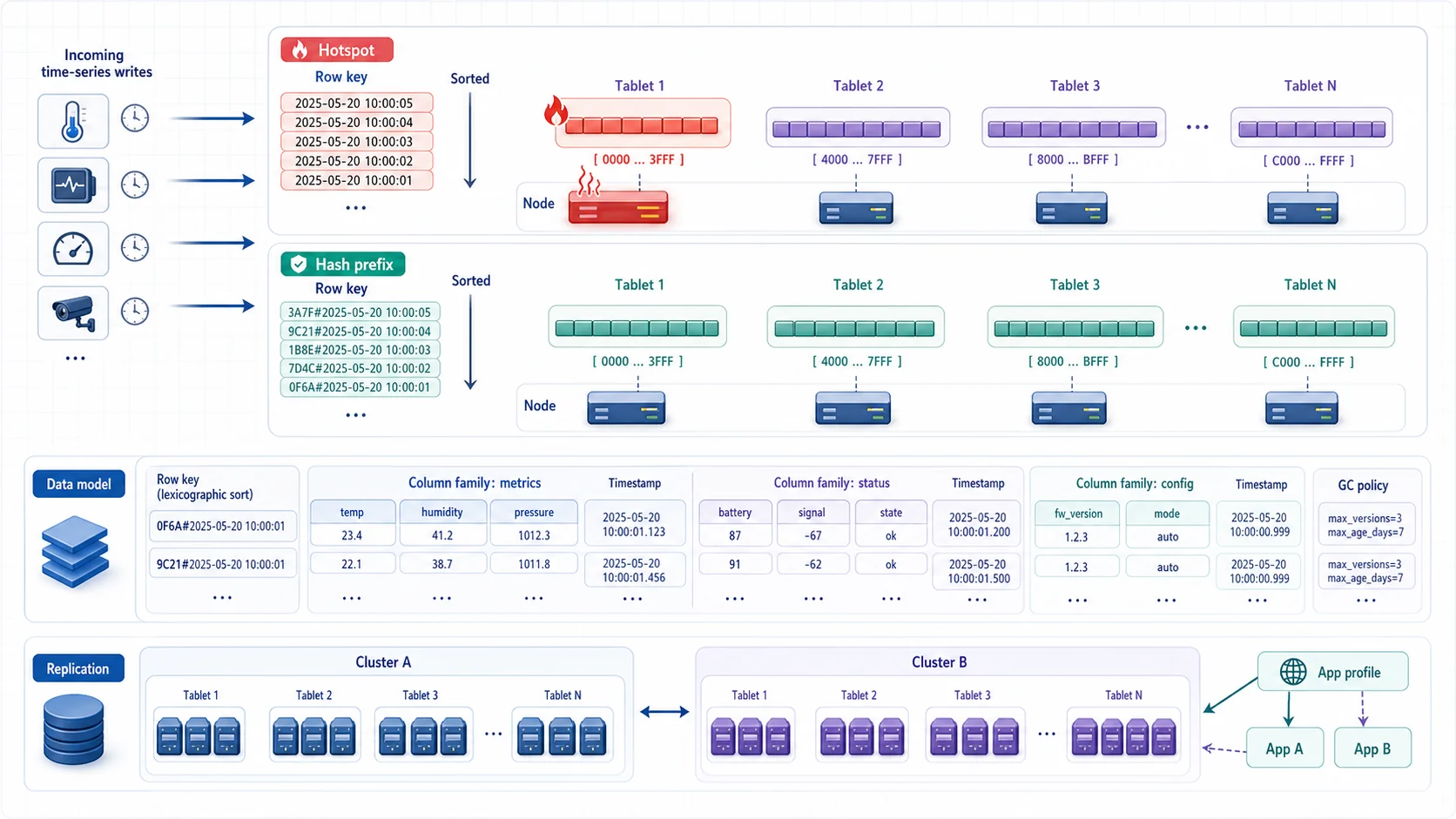Cloud Bigtable Row Key 架構:以時間開頭且單調增加的 Row Key 將最新寫入集中到一個 Tablet 與 Node 形成 Hotspot,加入設備或雜湊前綴可把寫入分散到多個 Tablet;下方顯示 Row 依字典序排列、Column Family 內的多版本 Timestamp 與 GC policy,以及 Cluster A、Cluster B 複寫和 App profile 路由
