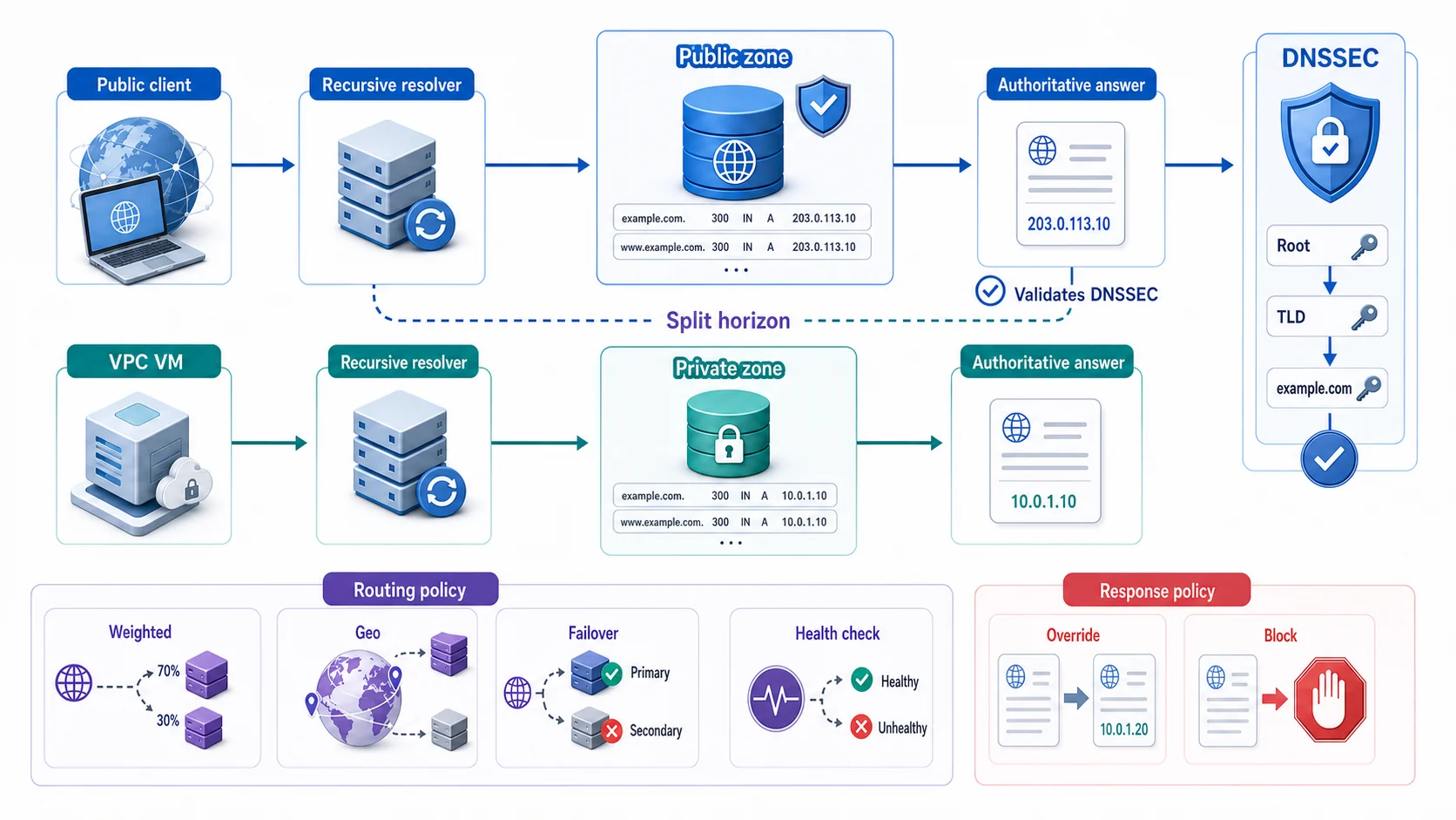 Cloud DNS 查詢與政策：Public client 經 Recursive resolver 向 Public zone 取得公開 Authoritative answer，VPC VM 則從 Private zone 取得不同私有位址形成 Split-horizon；公開回應可由 DNSSEC 信任鏈驗證，Routing policy 支援 Weighted、Geo、Failover 與 Health check，VPC 內的 Response policy 可覆寫或封鎖特定名稱