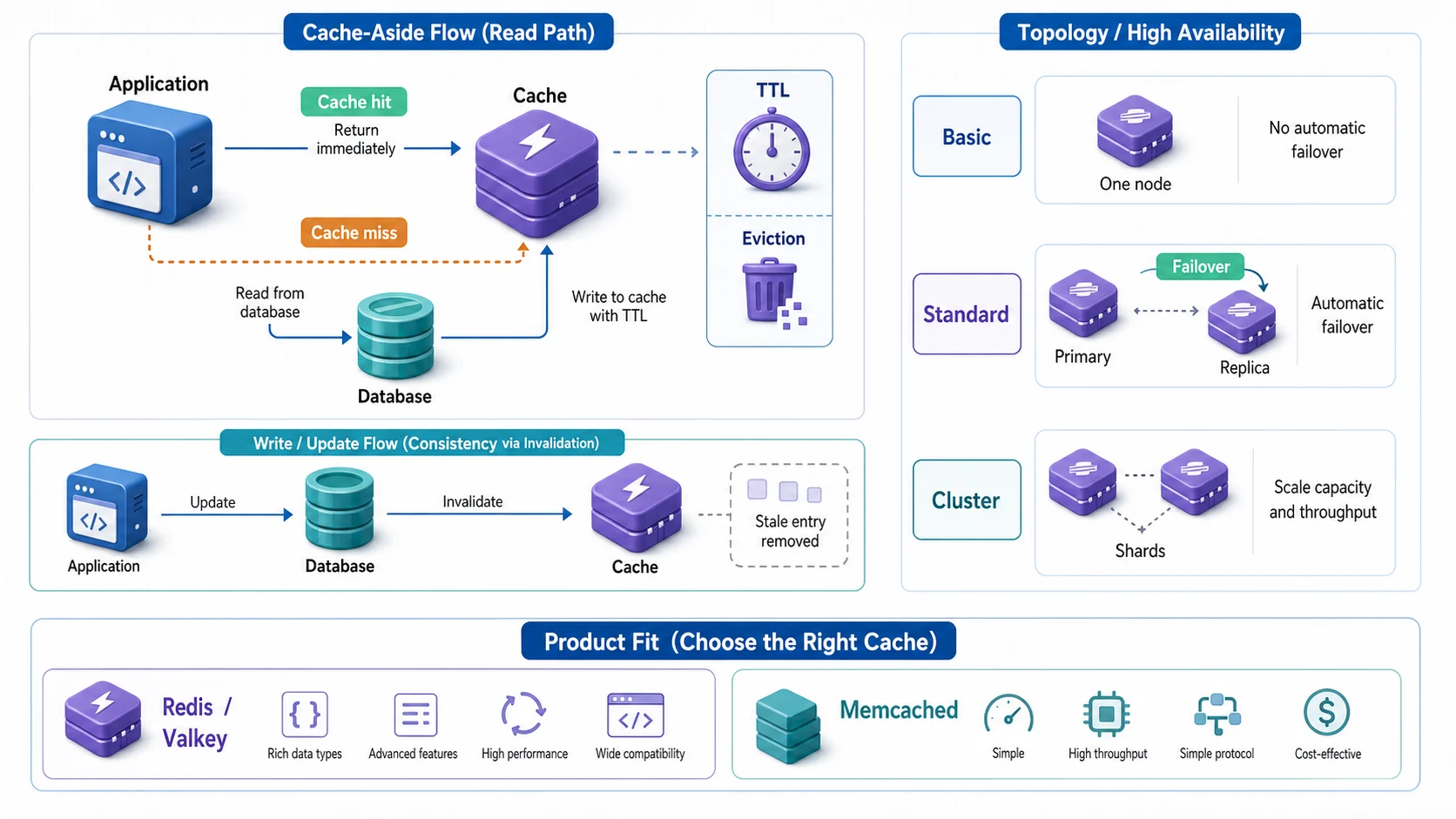 Memorystore Cache-aside 架構:Application 先查 Cache,命中立即回傳,未命中則讀取 Database 並以 TTL 寫回;資料更新先寫真實來源再 Invalidate 舊快取。右側比較 Basic 單節點、Standard Primary 與 Replica 自動 Failover、Cluster Shards 擴充容量與吞吐量,下方對照 Redis 或 Valkey 與 Memcached 適用性