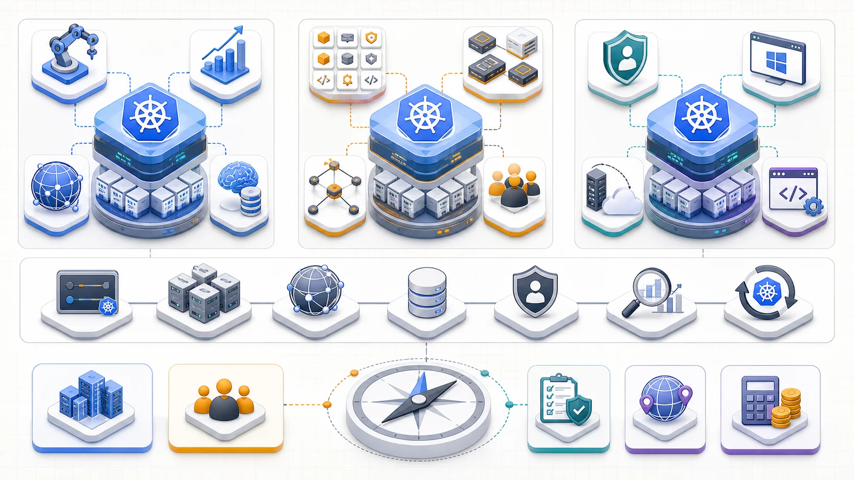 三大託管 Kubernetes 平台適配圖：三者共享容器編排核心與控制平面、節點、網路、儲存、身分、監控及升級責任，再依自動化與資料 AI、生態系廣度、企業身分與混合雲整合呈現不同強項