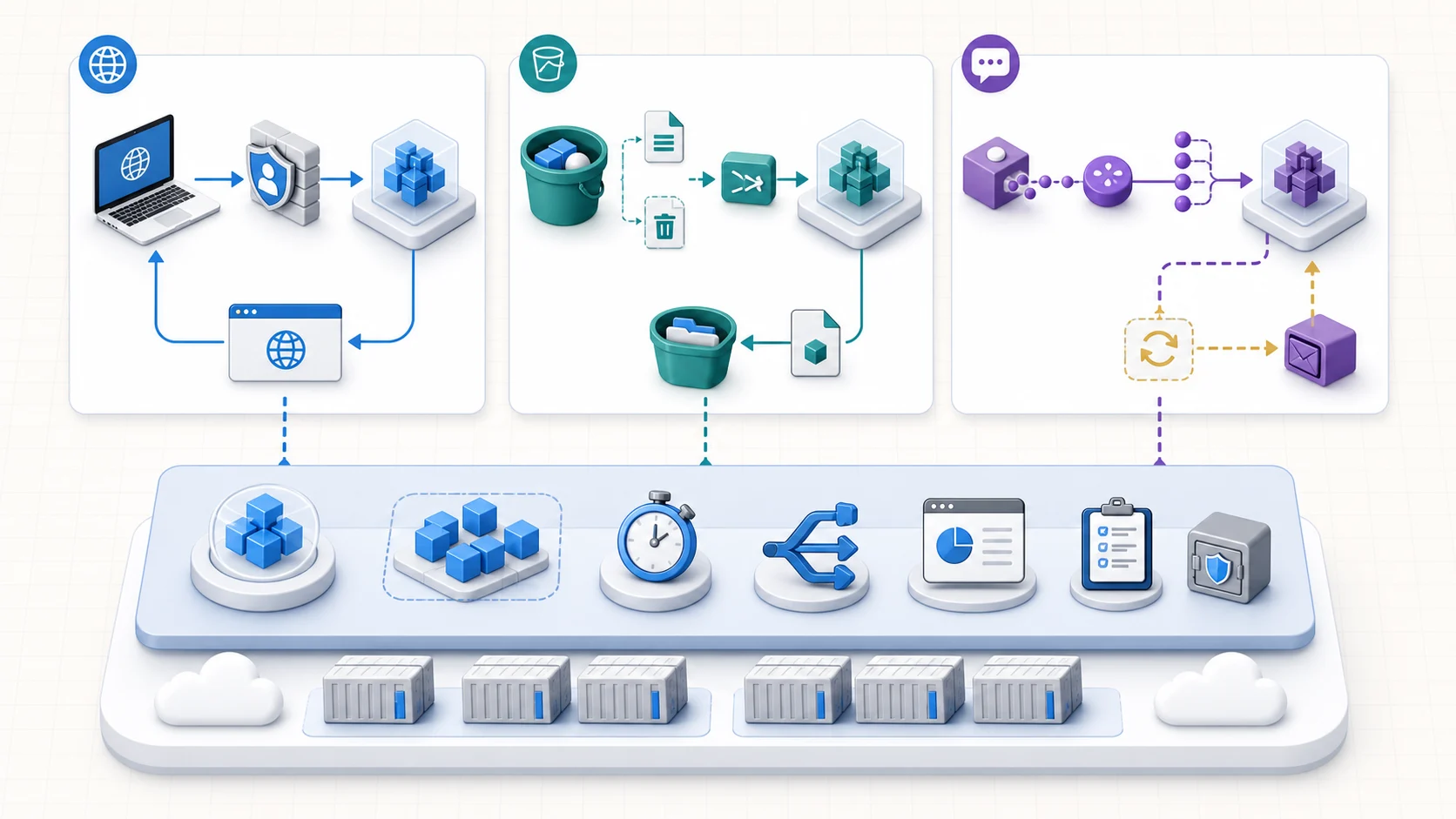 Cloud Run functions 三種觸發模式：HTTP 請求經身分驗證後回應、Cloud Storage 物件事件觸發檔案處理、Pub/Sub 訊息經訂閱觸發並在失敗時重試或送往死信路徑