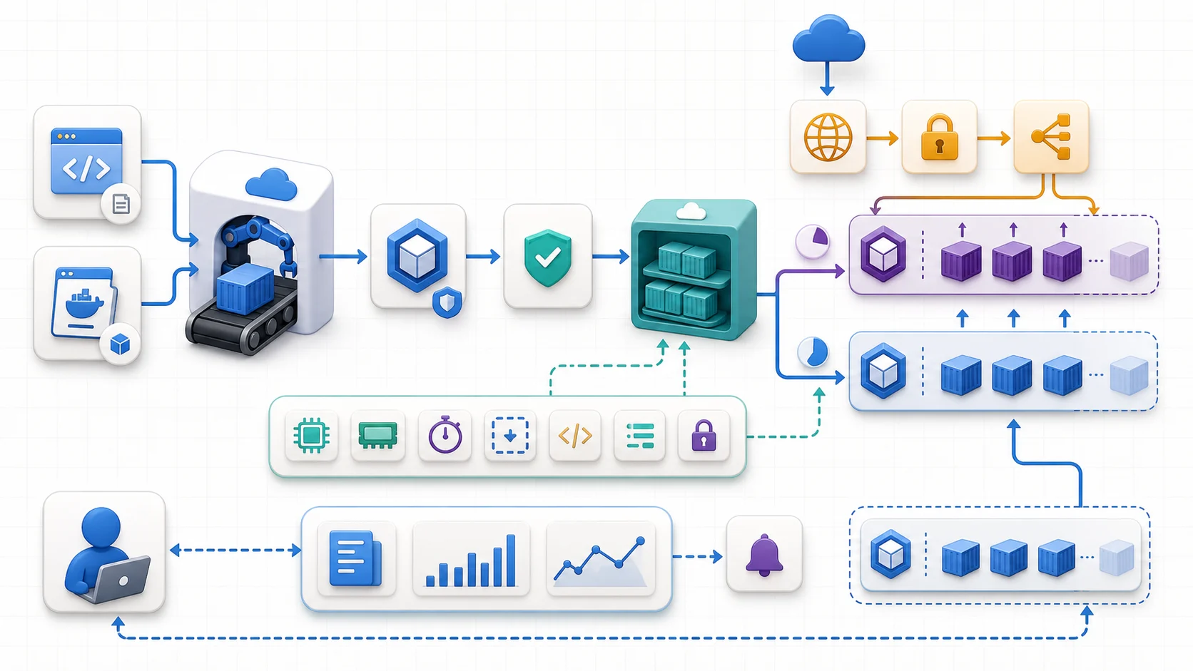 Cloud Run 交付與執行架構:原始碼與 Dockerfile 經建置和弱點掃描產生不可變映像,存入 Artifact Registry 後部署成 Revision;HTTPS 流量在版本間分配,各版本依請求與並發量自動擴縮