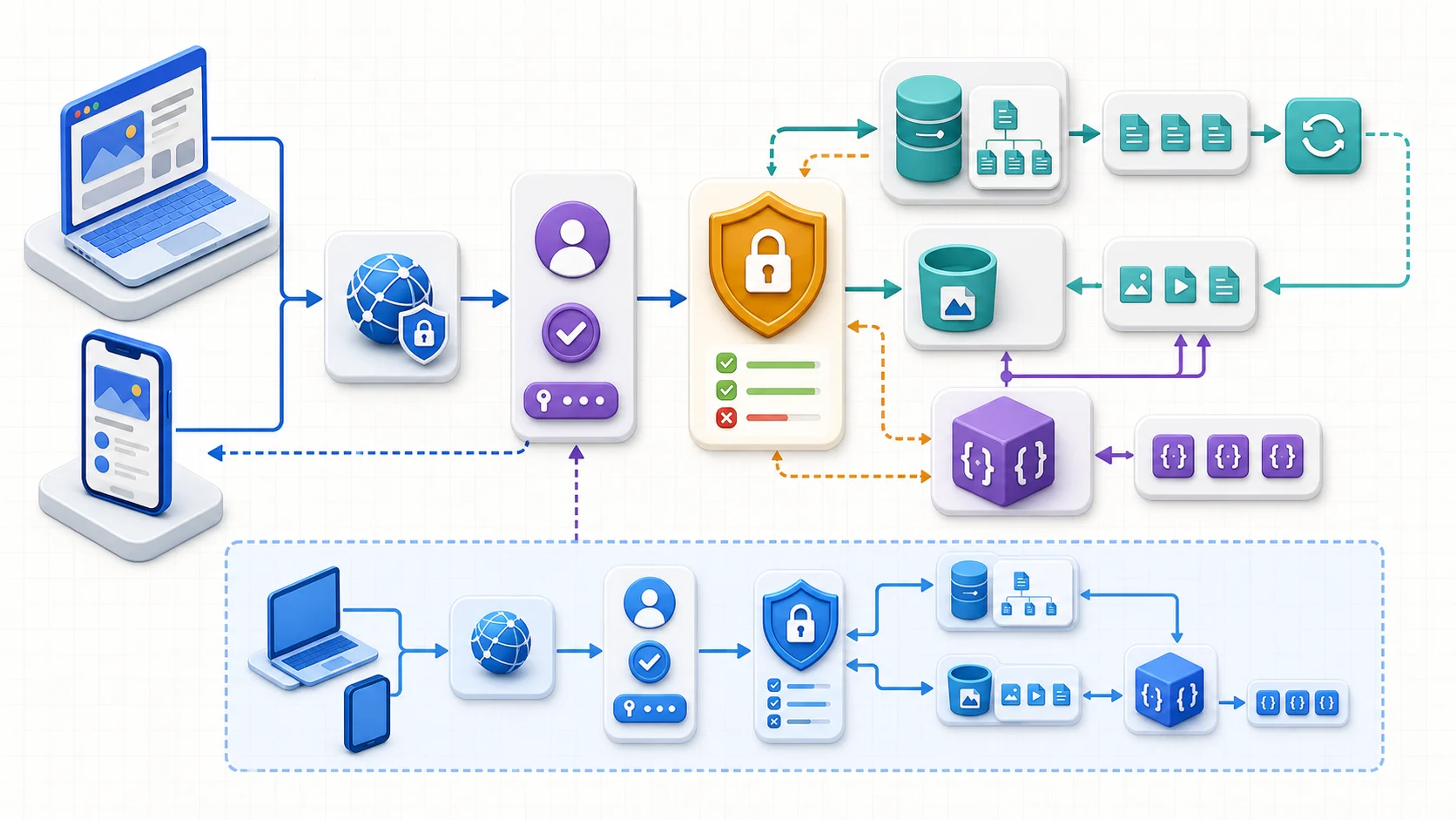 Firebase 無伺服器應用架構：Web 與行動客戶端經 Hosting 和 Authentication 取得身分，Security Rules 在資料路徑檢查權限，再存取 Firestore、Storage 與 Functions；即時資料變更回推客戶端，本地 Emulator 隔離測試整套服務