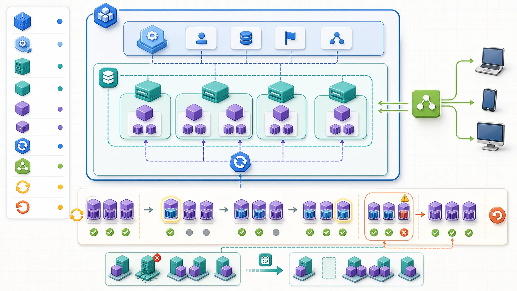 Kubernetes 部署模型：Cluster 包含控制面與 Node Pool，Pod 分散排程到多個 Node；Deployment 維持所需副本，Service 將外部流量分配給 Ready Pod，Rolling Update 逐一替換，失敗時回滾舊映像