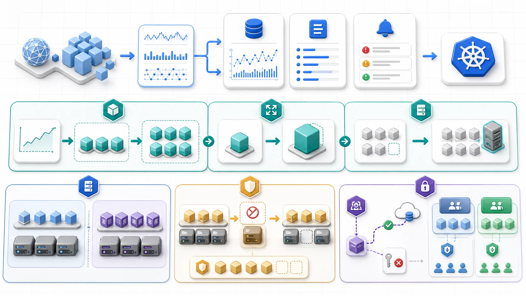 Kubernetes 維運回饋迴路：指標、日誌與告警觀察服務；HPA 增減 Pod、VPA 調整單 Pod 資源、Cluster Autoscaler 增減節點；維護時依中斷預算汰換節點，Workload Identity 與 Namespace RBAC 隔離存取