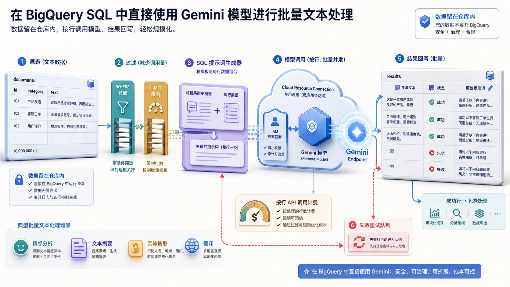 BigQuery SQL 批次呼叫 Gemini：文字來源表先以 WHERE 和 LIMIT 控制資料列，提示模板與每列內容組合後經 Cloud Resource Connection、IAM 與遠端模型呼叫 Gemini，生成文字、狀態及原始提示寫回結果表，失敗列進入重試佇列