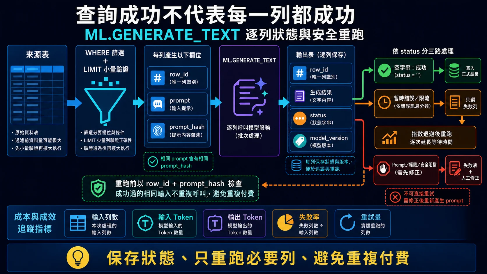 ML.GENERATE_TEXT 逐列狀態與安全重跑：保留 row_id、prompt_hash、生成結果、狀態與模型版本，依錯誤訊息分類後只重試必要列