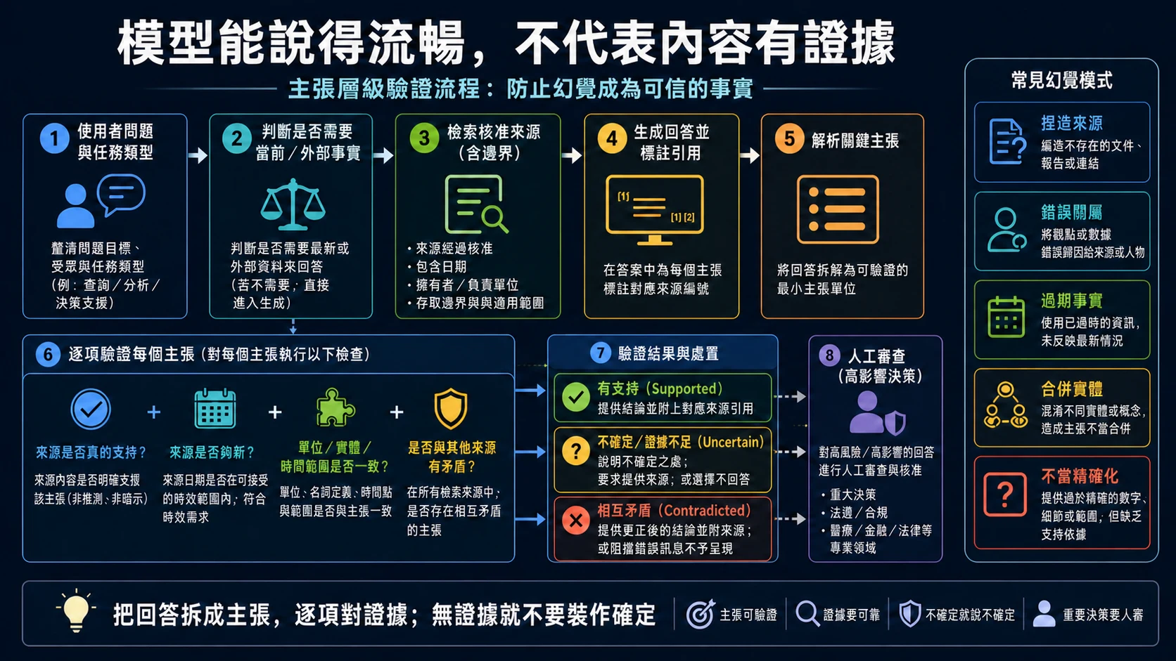 生成式 AI 主張層級驗證流程：先判斷是否需要外部事實，再檢索可信來源、標註引用、逐項核對主張，最後依證據狀態決定交付或人工審查