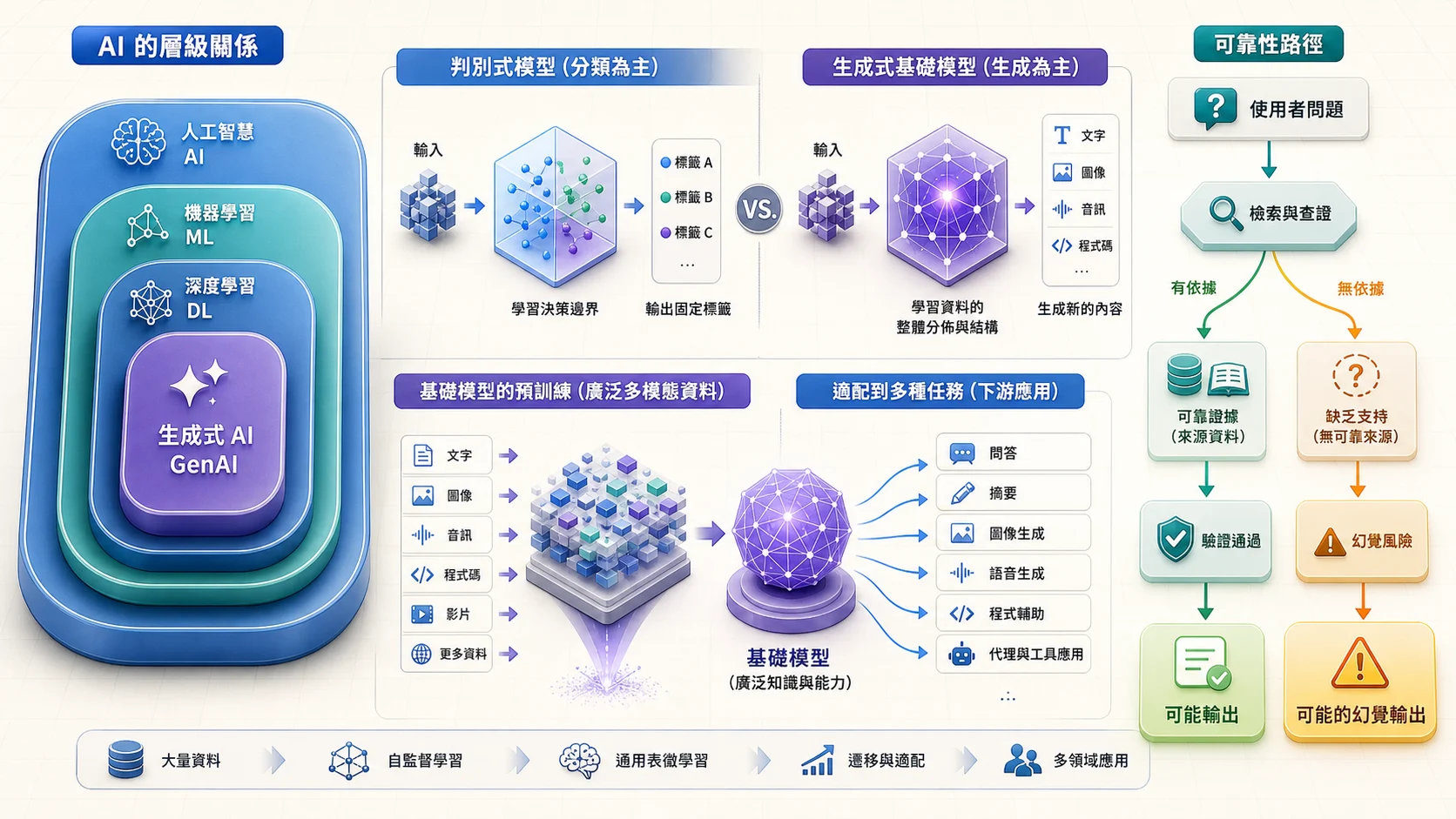 生成式 AI 技術心智模型：AI 包含機器學習、深度學習與生成式 AI；判別式模型輸出固定類別，基礎模型由多模態資料預訓練後生成文字、圖片、音訊與程式碼，缺乏依據的輸出可能產生幻覺