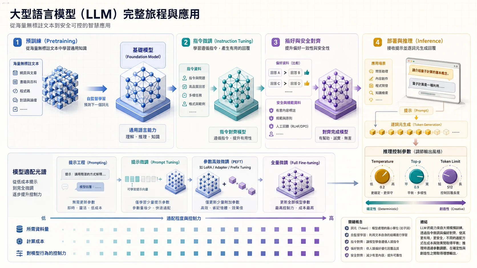 大型語言模型完整旅程：海量無標註文字先預訓練成基礎模型，再經指令微調與偏好安全對齊後部署推論；Prompt、Prompt Tuning、參數高效微調到全量微調依序增加資料成本與控制力