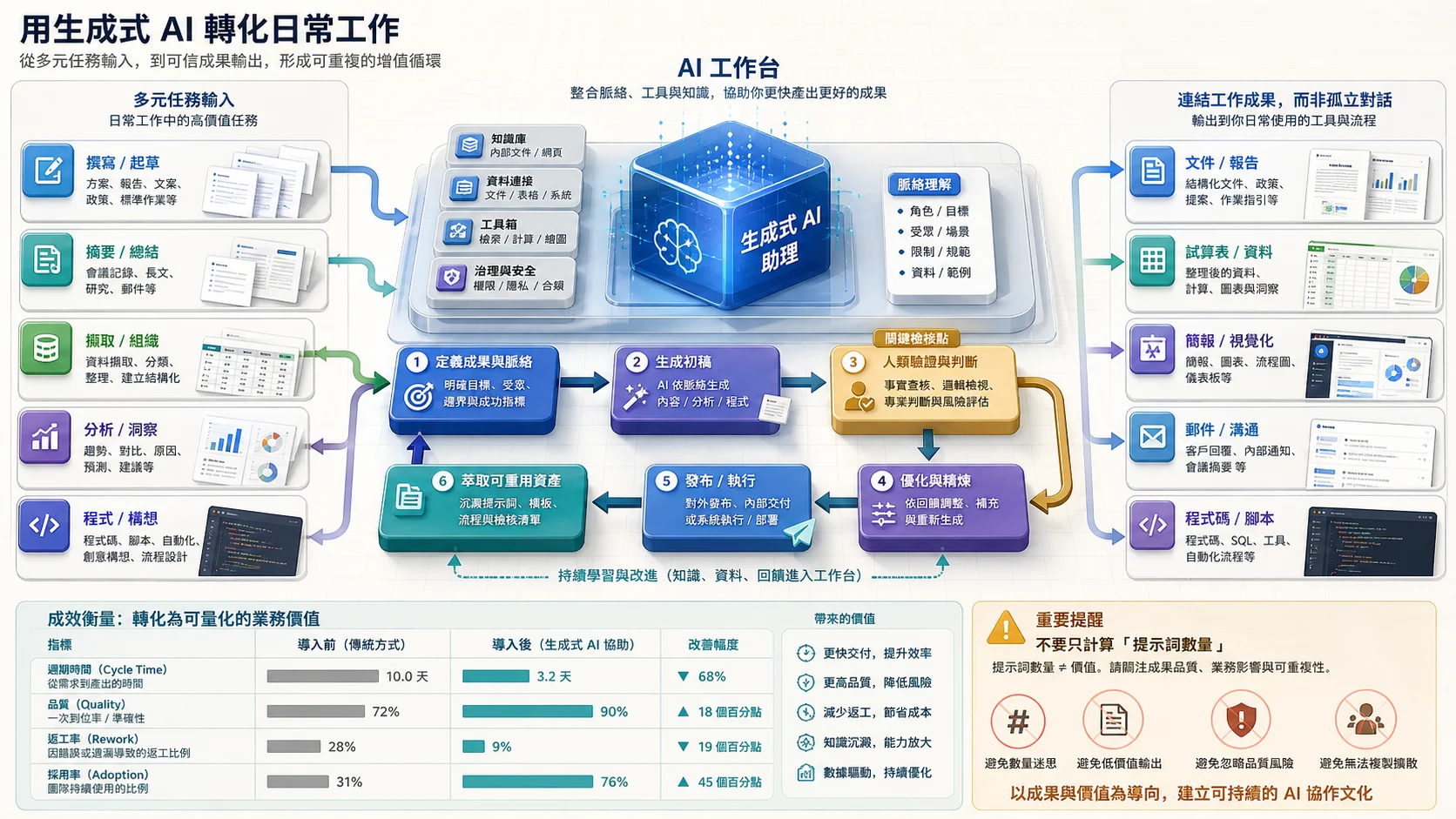 AI 增強日常工作迴路：撰寫、摘要、擷取整理、分析和程式構想進入工作台，依序定義成果、生成草稿、人工驗證、精煉、發布執行並沉澱範本，輸出接回文件、試算表、簡報、郵件和程式流程