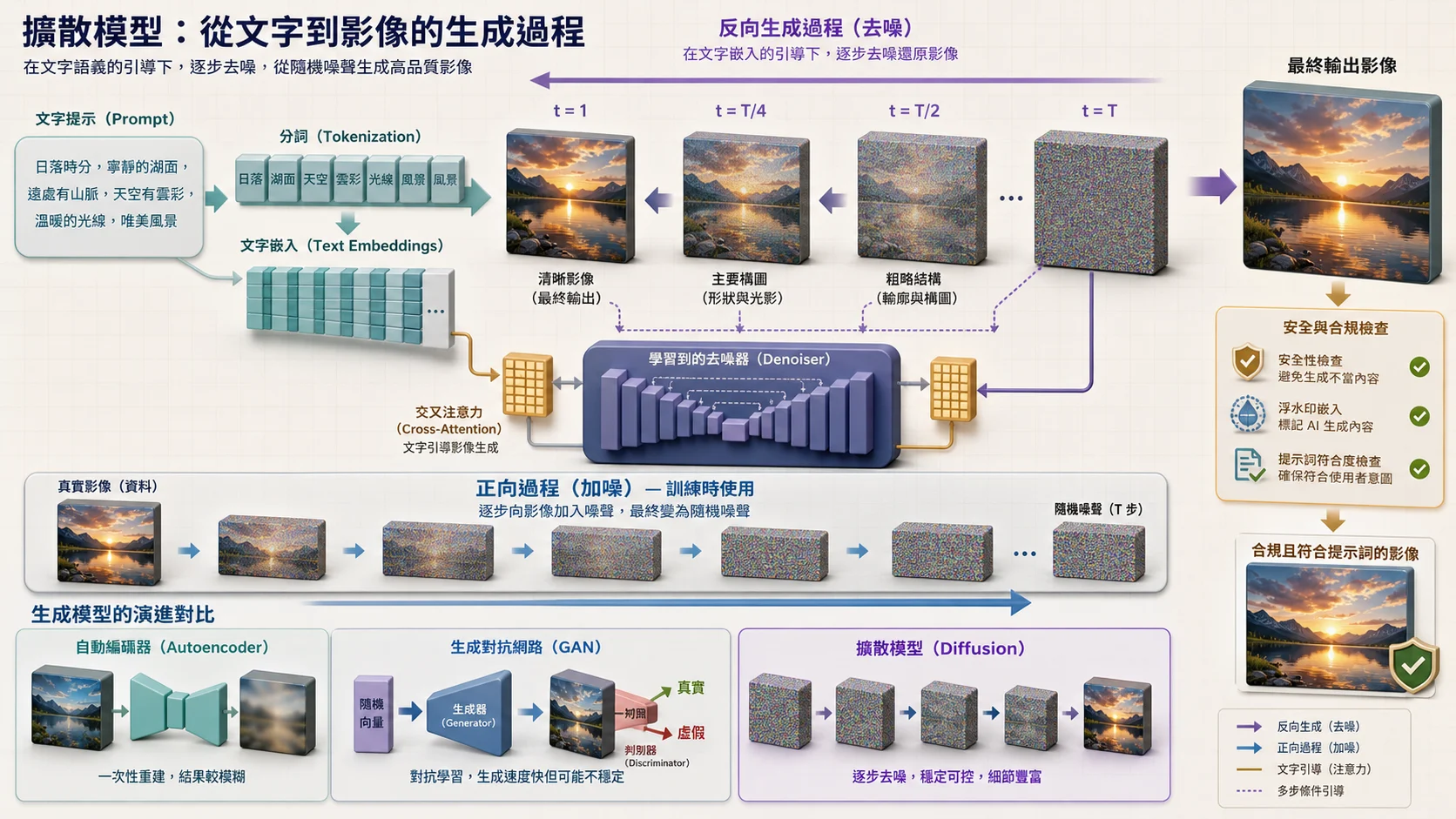 Diffusion 圖片生成原理:文字 Prompt 轉成 Embedding,以 Cross-Attention 引導去噪器把隨機雜訊逐步還原為構圖、形狀、細節與清晰影像;訓練時則對真實圖片逐步加噪學習反向過程