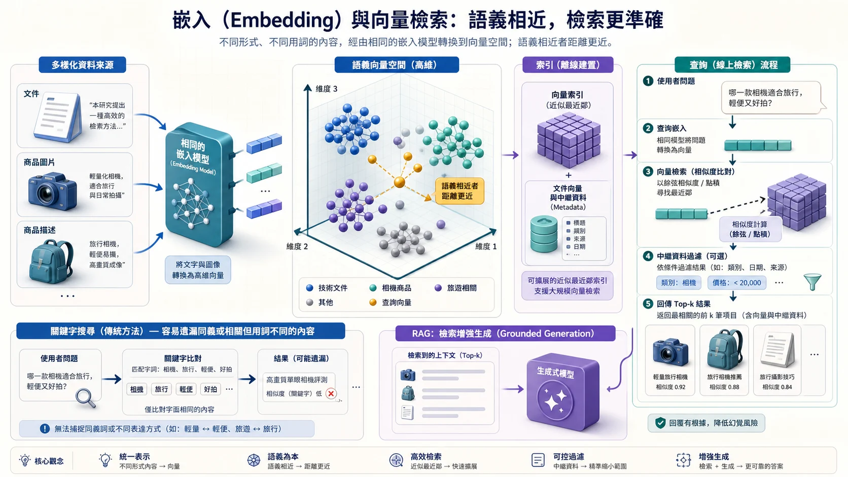 Embedding 與向量搜尋架構：文件、商品圖片與描述由相同模型轉為語義向量並建立近似最近鄰索引；查詢向量以相似度和中繼資料篩選取得 Top-k 結果，再供 RAG 模型生成有依據回答
