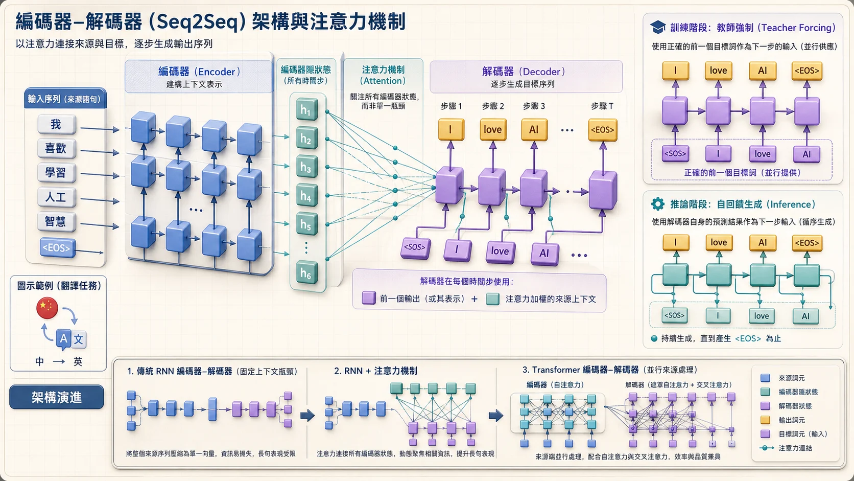 Encoder–Decoder Seq2Seq 架構：Encoder 建立來源序列各位置的上下文，Attention 讓 Decoder 每一步動態讀取相關來源後逐 Token 生成；訓練用正確前一個目標做 Teacher Forcing，推論則回饋自身預測直到 EOS