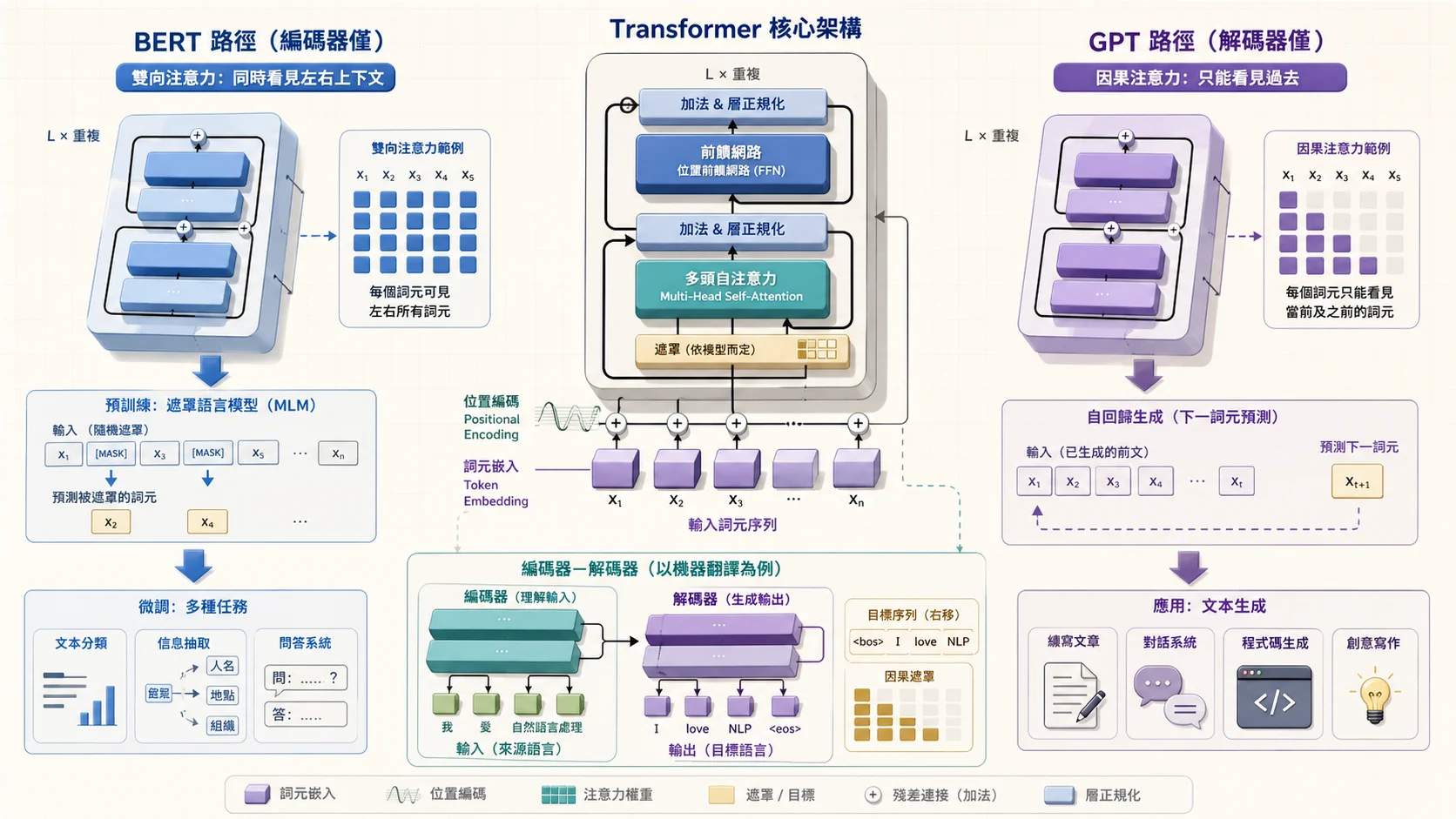 Transformer 與 BERT／GPT 架構比較：Token Embedding 加位置編碼進入多頭注意力、殘差正規化與前饋網路；BERT Encoder 以雙向注意力和遮罩語言模型理解上下文，GPT Decoder 用因果遮罩逐 Token 生成
