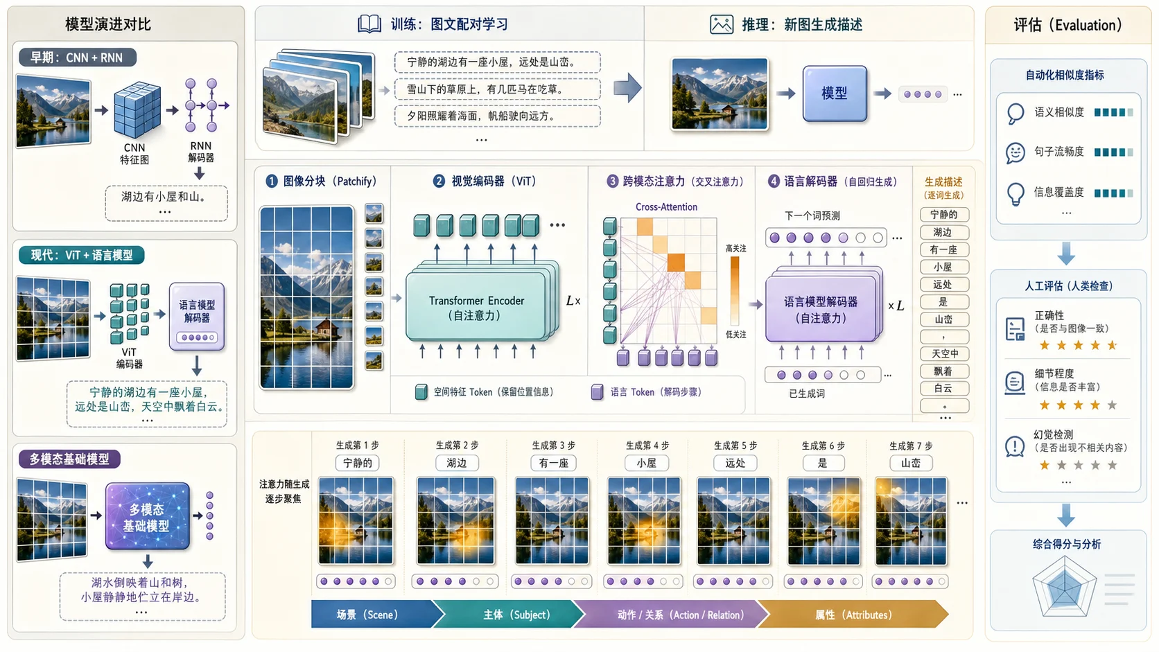圖片說明生成管線:圖片切成視覺 Patch 後由 Vision Encoder 轉成空間 Token,Cross-Modal Attention 讓語言 Decoder 生成每個詞時聚焦不同區域,逐步描述場景、主體、關係與屬性