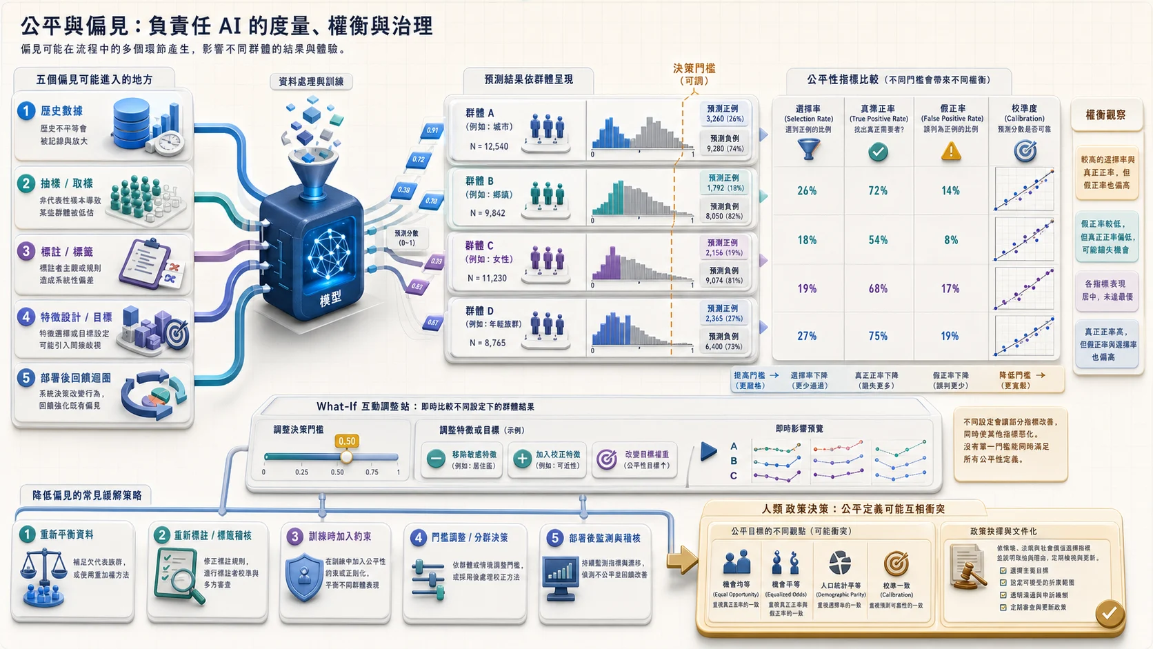 AI 公平性與偏差工作流：歷史資料、抽樣、標籤、特徵目標與部署回饋都可能注入偏差，預測按群體比較選擇率、真陽性、假陽性和校準，What-If 調整門檻或特徵觀察不同群體結果與取捨
