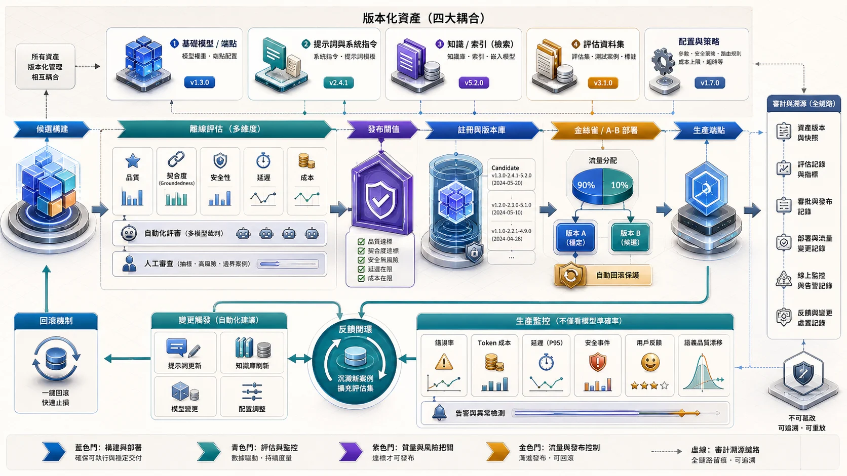 GenAI MLOps 持續交付迴路：模型端點、Prompt 系統指令、知識索引、工具設定與評估資料共同版本化，候選版本經品質、Groundedness、安全、延遲和成本的自動及人工評估後，進入 Canary 與可回滾部署