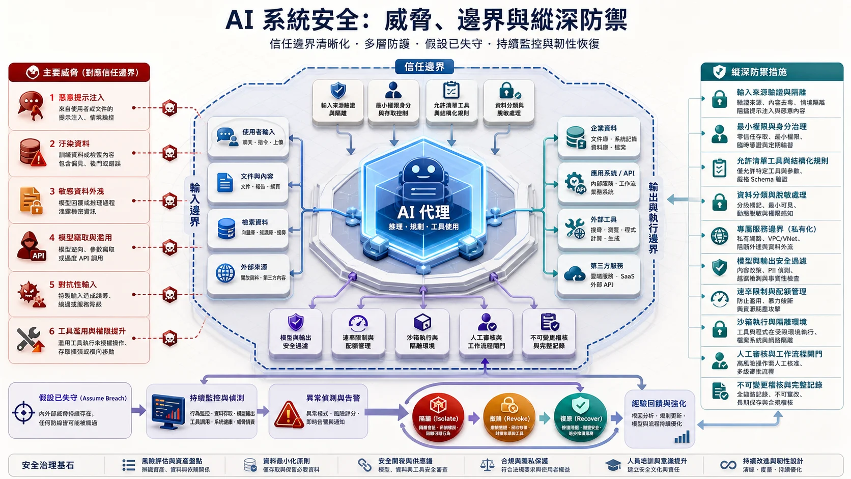 AI Agent 安全威脅與縱深防禦:使用者、文件、檢索與外部來源可能注入惡意指令或污染資料,模型亦面臨資料外洩、竊取與對抗輸入,工具端可能被濫用或提權;各信任邊界以來源隔離、最小權限、工具允許清單、資料遮蔽、私有網路、沙箱與人工核准防護