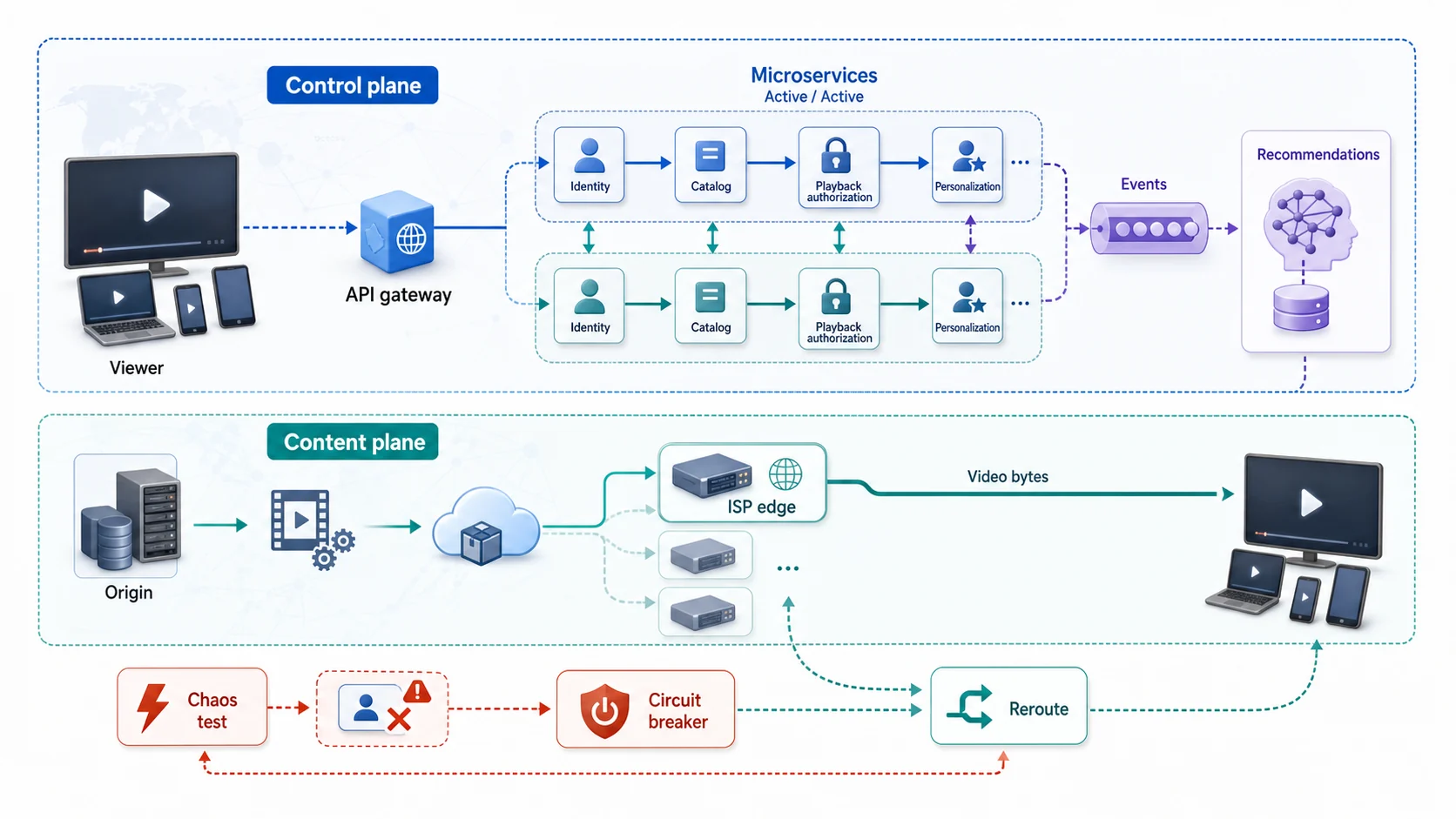 全球串流平台架構：Viewer 的登入、片單、播放授權與個人化請求經 API gateway 進入 Active-Active Microservices 控制面，觀看 Events 供 Recommendations 使用；真正 Video bytes 由 Origin 預先放入鄰近 ISP edge 的 Open Connect CDN，經獨立內容面直送 Viewer；Chaos test、Circuit breaker 與 Reroute 驗證故障隔離