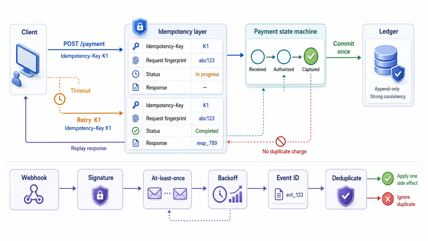 支付冪等架構:Client 以 Idempotency-Key K1 發送 POST payment,timeout 後以相同 K1 重試;Idempotency layer 原子保存 Request fingerprint、Status 與 Response,第一次請求經 Payment state machine 只提交一次到強一致 Ledger,重試直接 Replay response 並阻擋重複扣款;Webhook 簽章後至少投遞一次並 Backoff,商戶以 Event ID 去重後只執行一次副作用