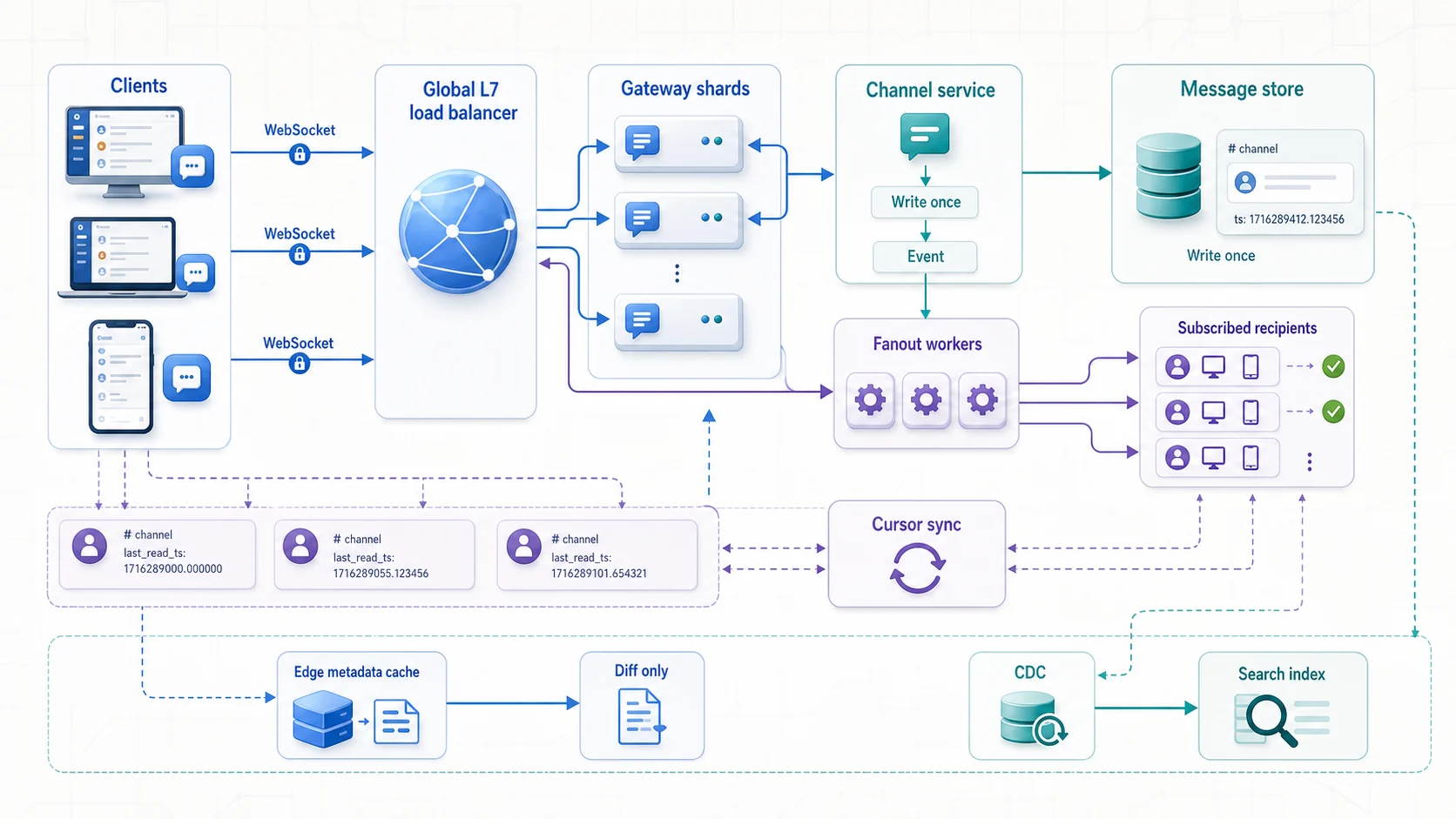 即時訊息架構:Clients 經 WebSocket 與 Global L7 load balancer 連到 Gateway shards;Channel service 將每則訊息只寫一份到 Message store 並發布 Event,Fanout workers 只送到持有訂閱者連線的 Gateway;每個使用者與頻道以 last_read_ts 游標同步已讀,CDC 供搜尋,Edge metadata cache 在登入時只傳送差異