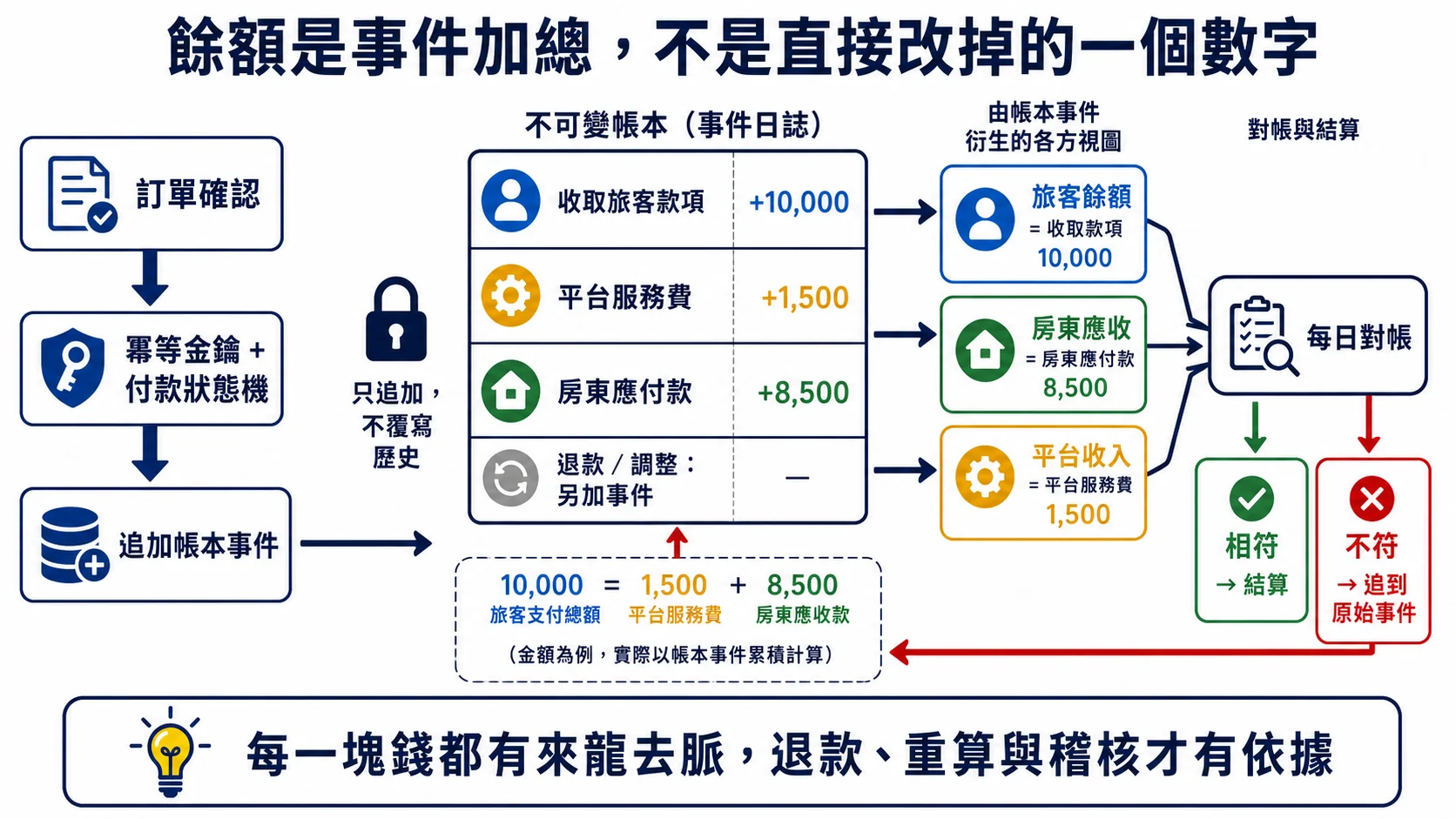 雙邊市場的不可變帳本記錄旅客付款、平台服務費與房東應付款,再衍生各方餘額並進行每日對帳
