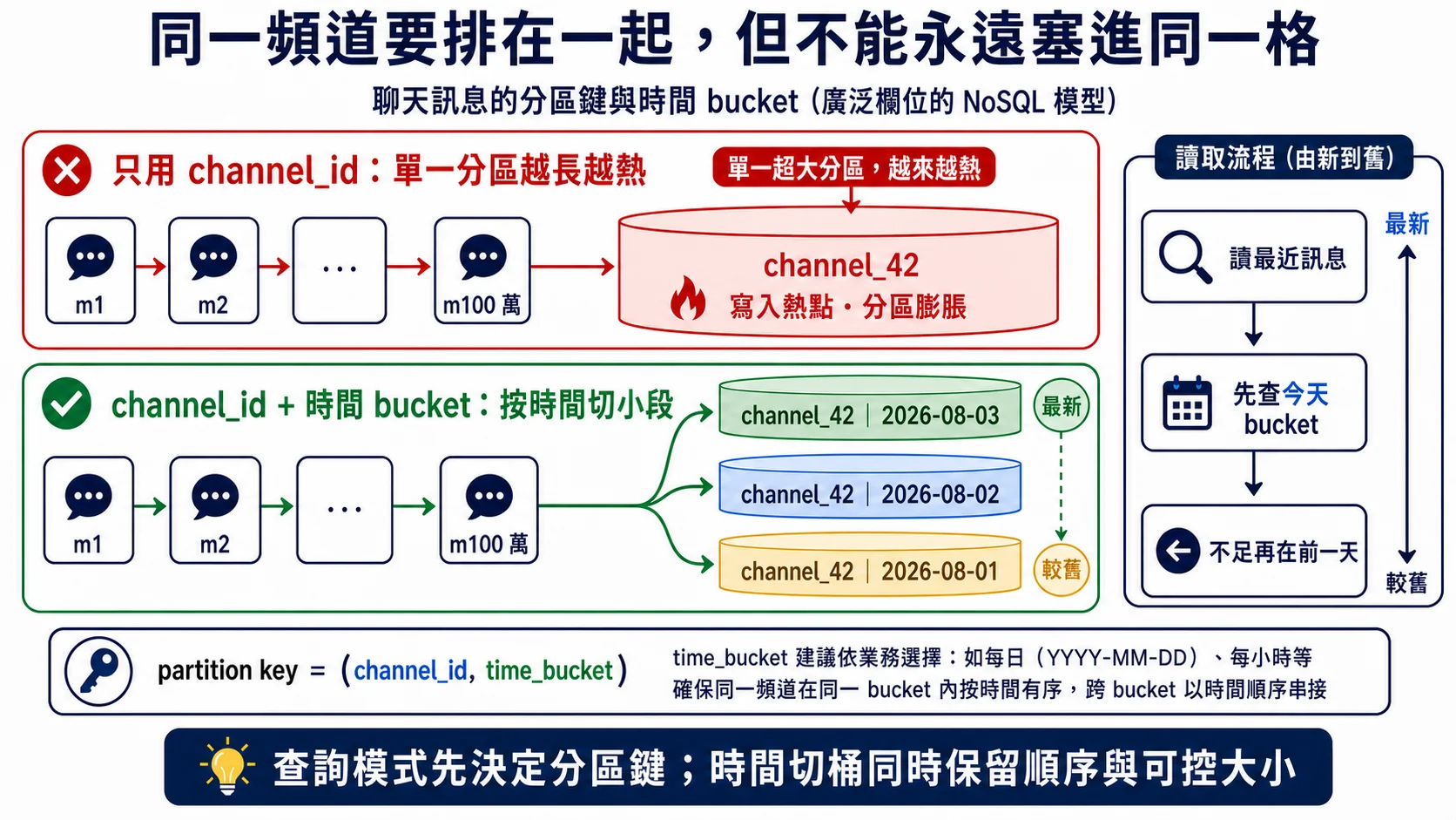 聊天訊息用 channel_id 加時間 bucket 切成每日分區，讀取最近訊息時先查最新 bucket，不足才往較舊分區查詢