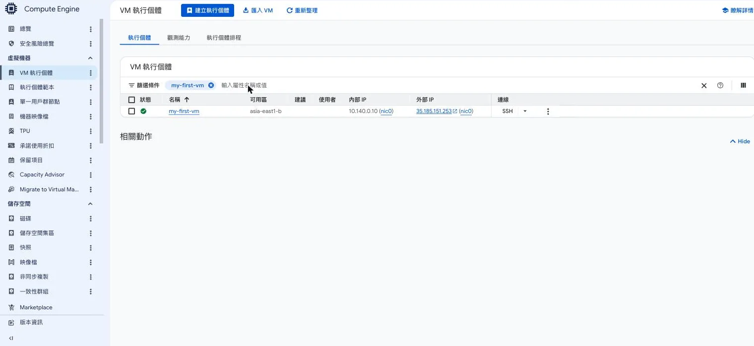 VM 執行個體列表，my-first-vm 狀態為綠色勾勾，位於 asia-east1-b，內部 IP 10.140.0.10、外部 IP 35.185.151.253，右側有 SSH 按鈕
