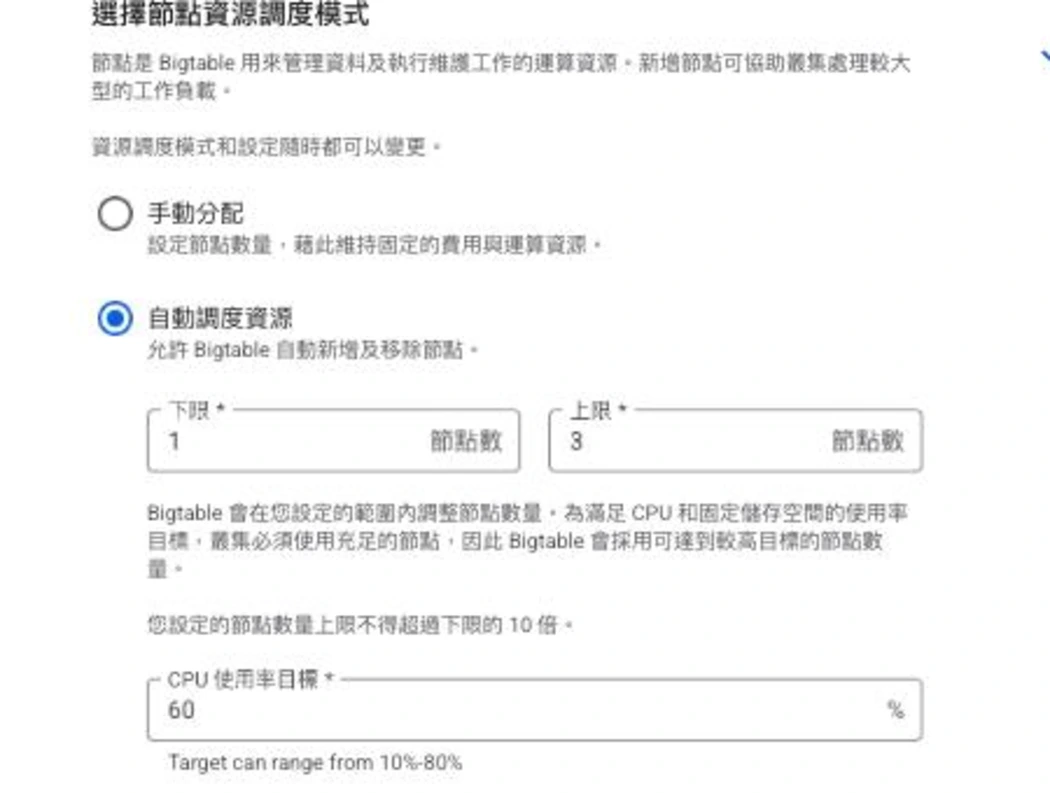 Bigtable 建立執行個體精靈的「選擇節點資源調度模式」，選項為手動分配與自動調度資源（已選）；自動調度下有下限 1 節點、上限 3 節點、說明「節點數量上限不得超過下限的 10 倍」，以及 CPU 使用率目標 60%（範圍 10%-80%）