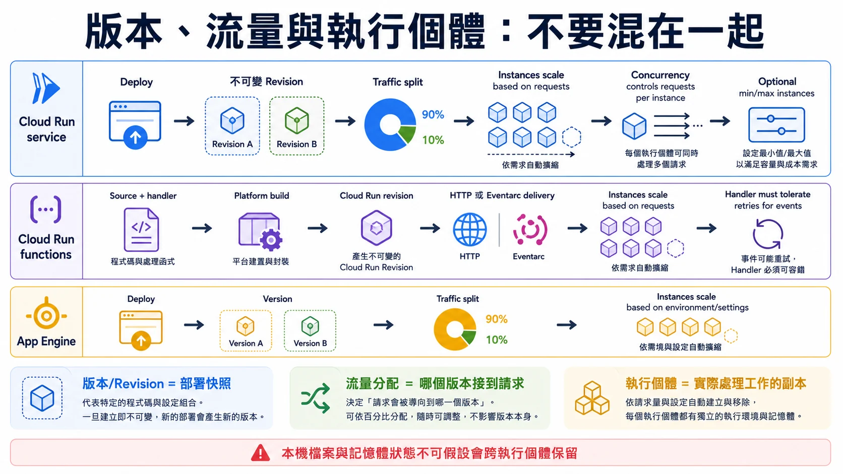 Cloud Run service、Cloud Run functions 與 App Engine 的版本流量生命週期：部署形成 Revision 或 Version，流量再分配到版本，平台依請求與設定擴縮執行個體