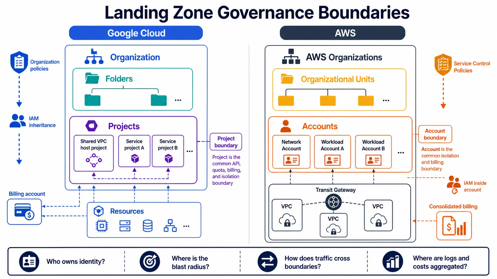 GCP 與 AWS Landing Zone 治理邊界：GCP 由 Organization、Folder、Project 到 Resource，AWS 由 Organizations、OU、Account 到 Resource，並比較政策、帳務與權限邊界