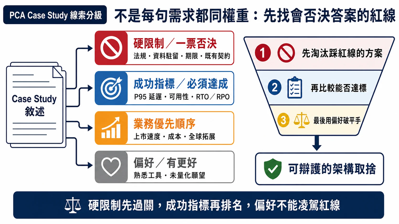PCA Case Study 線索分成硬限制、成功指標、業務優先順序與偏好,再依序淘汰踩紅線方案、比較達標能力與處理平手