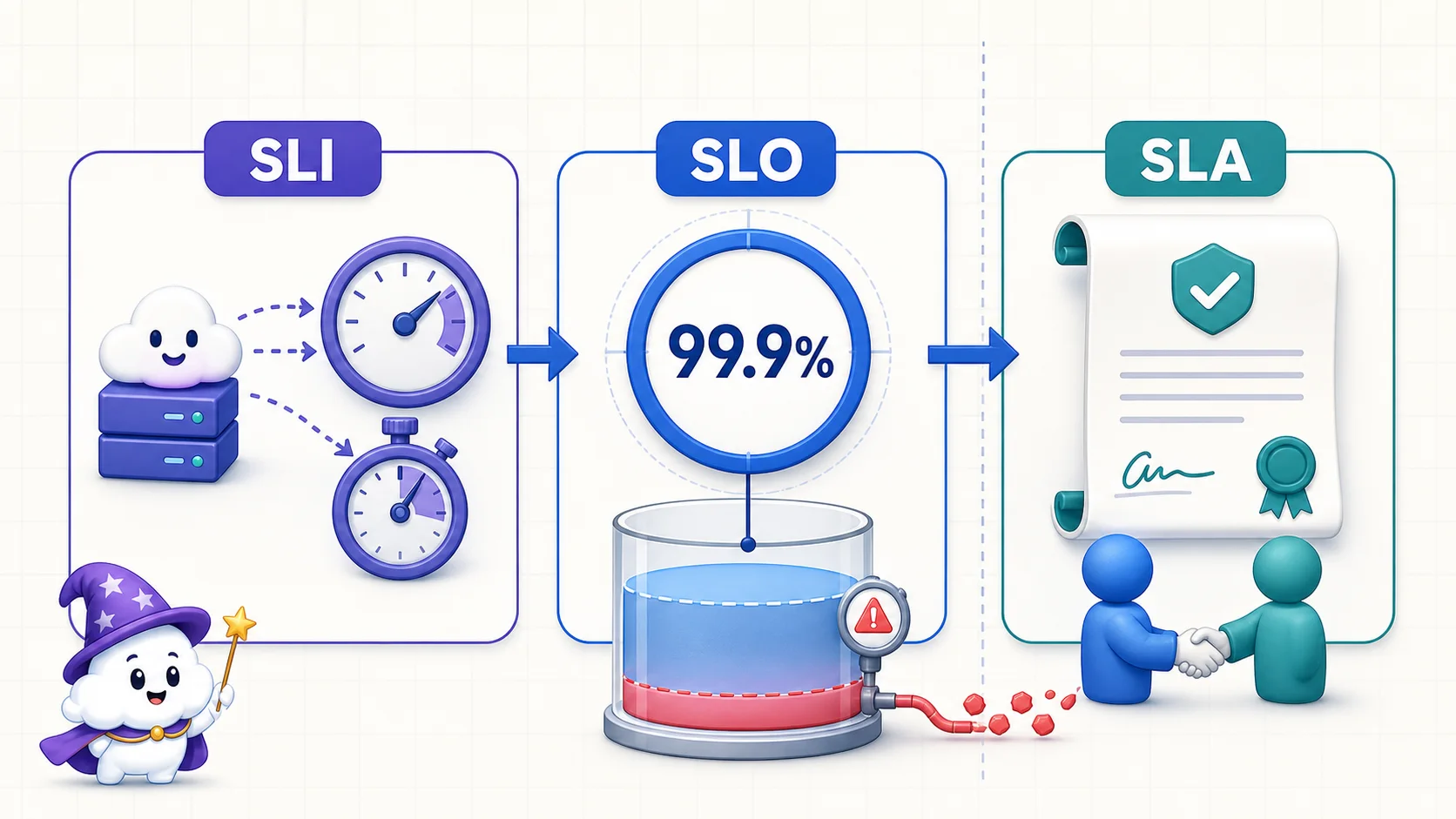 SLI 實際量測服務、SLO 設定 99.9% 目標與 error budget、SLA 對外形成合約承諾的關係圖