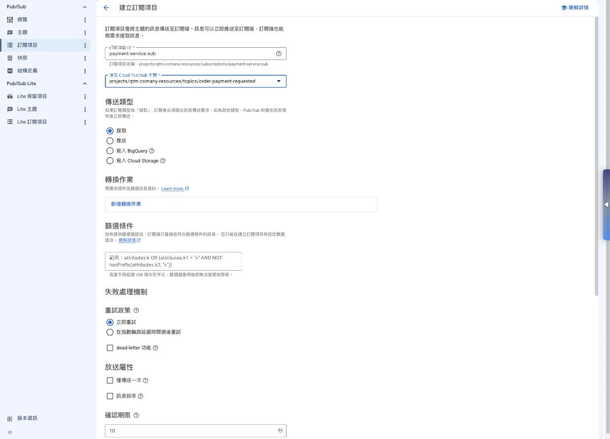 Pub/Sub 建立訂閱設定頁，傳送類型可選提取、推送、寫入 BigQuery、寫入 Cloud Storage，並列出確認期限 10 秒、重試政策、無效信件主題（dead-letter）、僅一次投遞（exactly-once）與訊息排序等選項