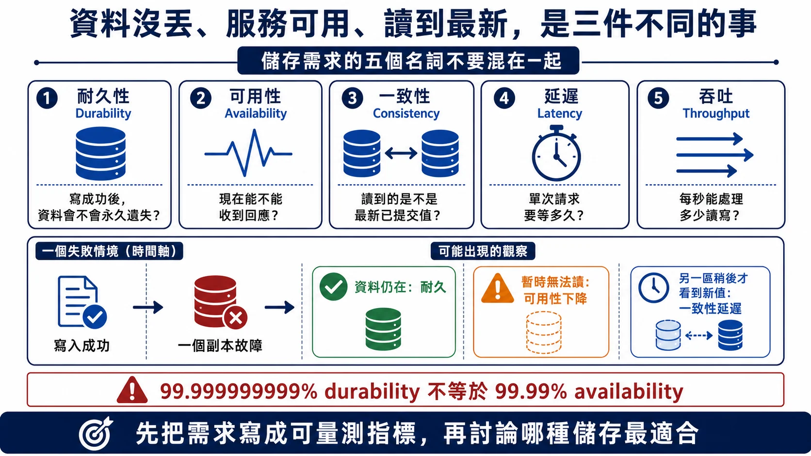 儲存需求的耐久性、可用性、一致性、延遲與吞吐五個指標，並用副本故障說明資料仍在、暫時無法讀與稍後才讀到新值是不同現象
