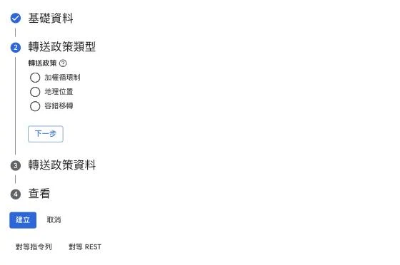 Cloud DNS「使用轉送政策建立記錄集」的政策選單，提供加權循環制、地理位置、容錯移轉三種轉送政策