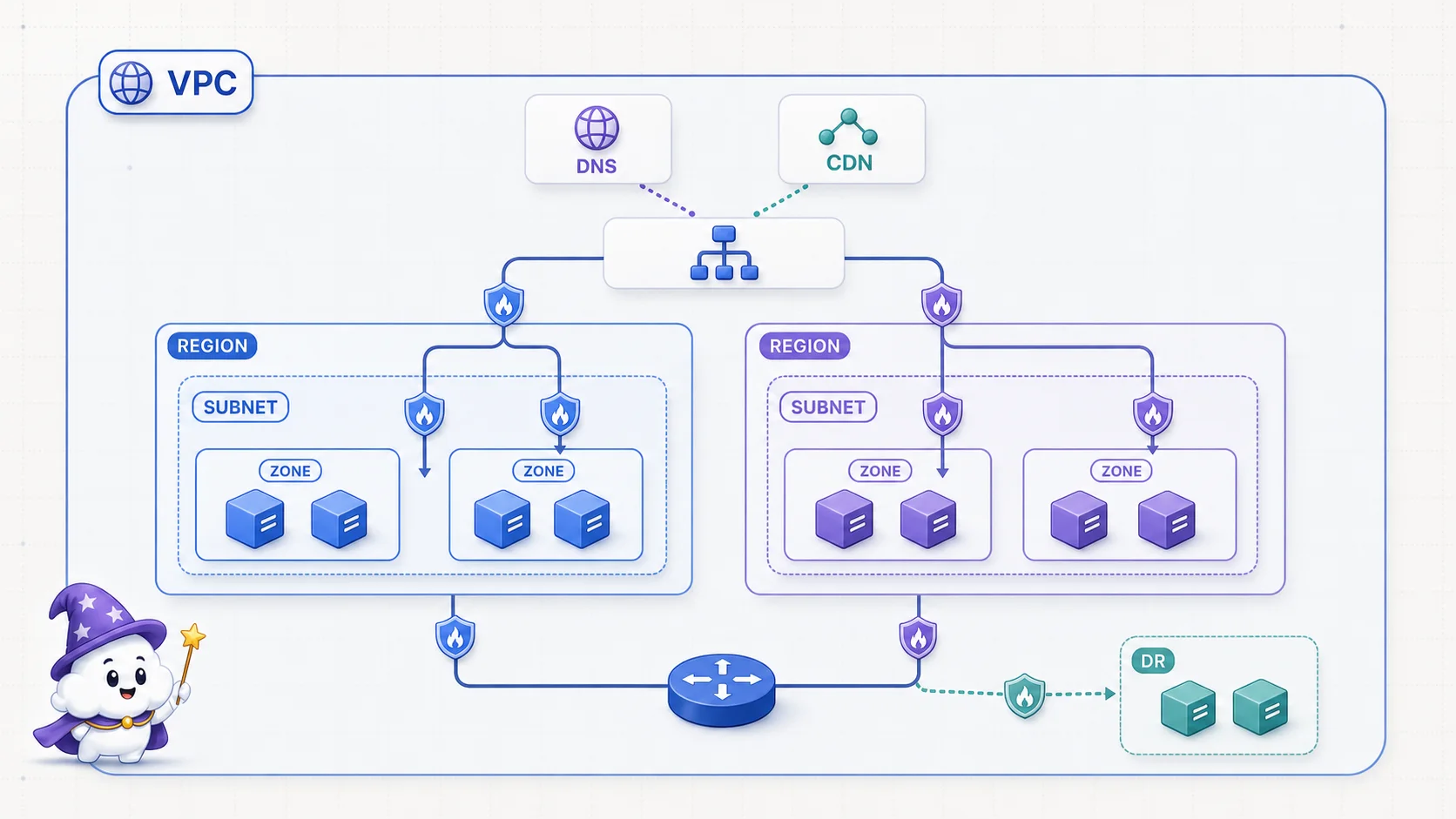一個 global VPC 包含兩個 regional subnet，每個 subnet 橫跨多個 zone，流量經 DNS CDN Load Balancer 與防火牆進入後端的拓樸圖